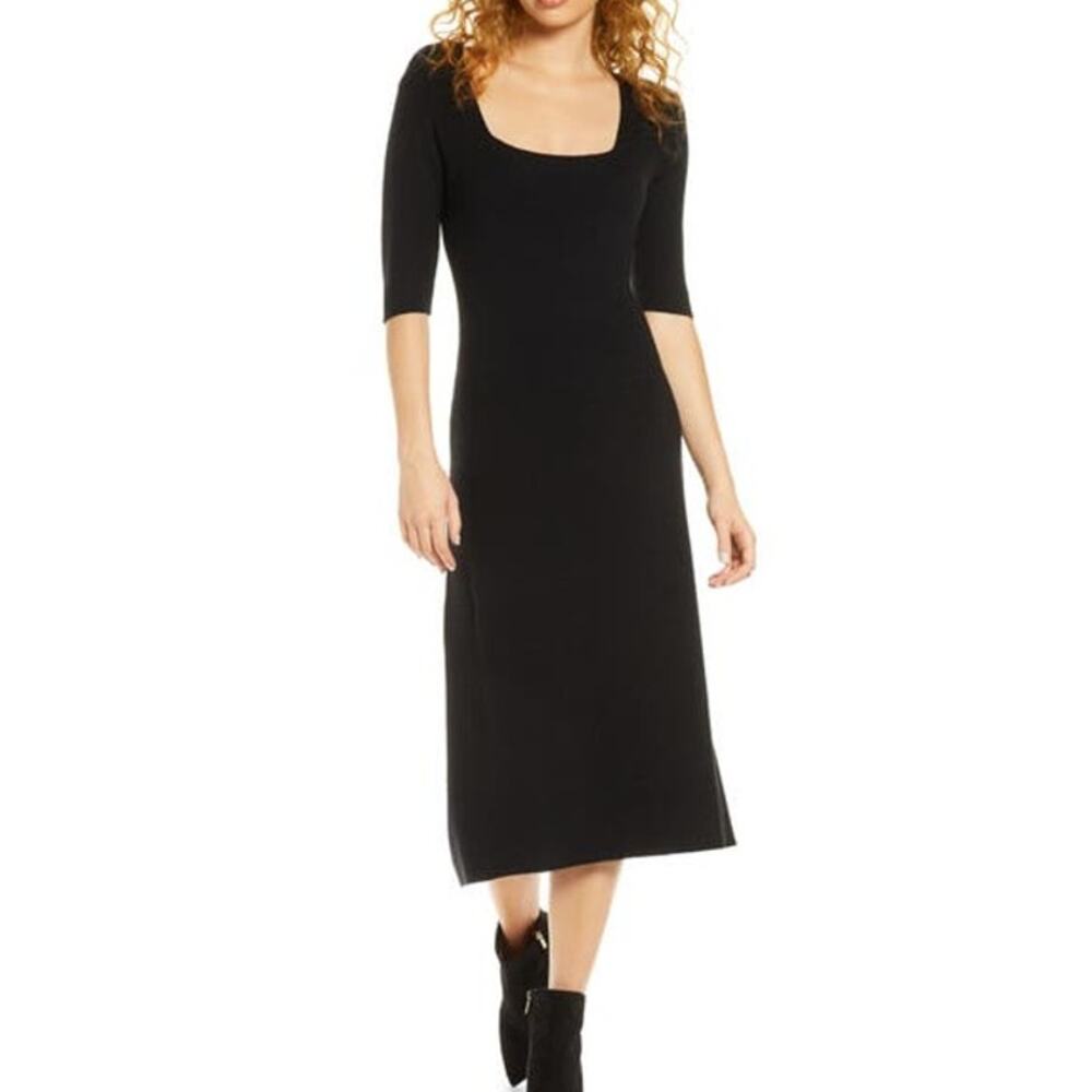 Charles Henry Midi Length Womens Scoop Neck Ribbed Black Sweater Dress Small